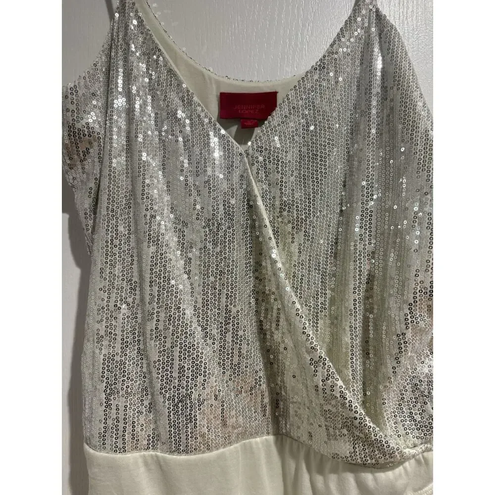 NWT Jennifer Lopez XLarge Sequin Cream/Silver Wrap Bodysuit Shirt